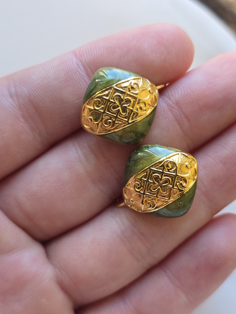 Gold-Tone Filigree Olive Green Drop Earrings
